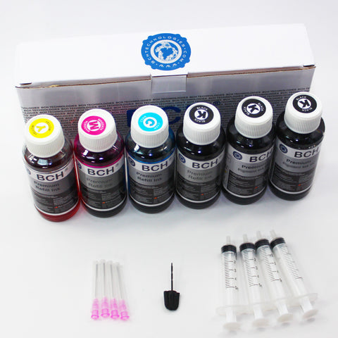 Premium HUVR Dye Ink - 100 ml x 6 Four-Color Refill Ink for Canon (KD600X-AC)
