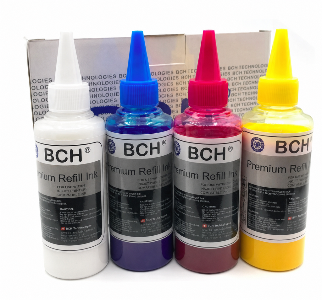 BCH Y4CT™ DTF Ink Set – 4-Pack, 500 mL Total – White , Cyan, Magenta and Yellow – 100 mL Each