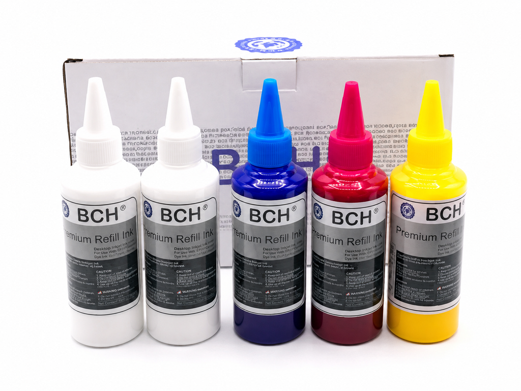BCH Y4CT™ DTF Ink Set – 5-Pack, 500 mL Total – 2 White + Cyan, Magenta and Yellow – 100 mL Each