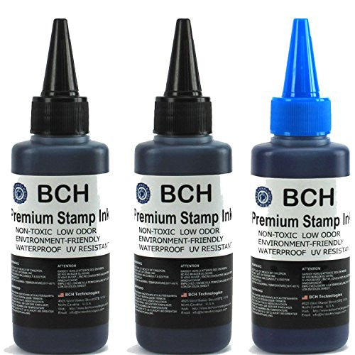 2X Black+ 1X Blue Stamp Ink Refill by BCH - Premium Grade -2.5 oz (75 ml) Ink Per Bottle (7.5 oz / 225 ml Total)