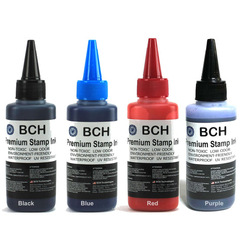 BCH Stamp Ink Refill Set – Black, Blue, Red, Purple – Premium Grade Ink for Self-Inking & Rubber Stamps – 2.5 oz (75ml) Each
