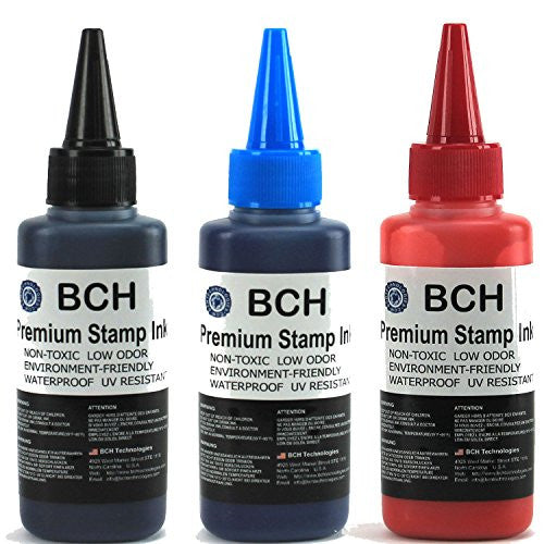 Black Blue Red Stamp Ink Refill by BCH - Premium Grade -2.5 oz (75 ml) Ink Per Bottle (7.5 oz / 225 ml Total)