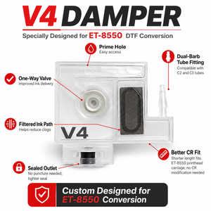 BCH V4 DTF Ink Damper for ET-8550 Conversion – Dual-Barb C2/C3 Tube Fitting, Prime Port, One-Way Valve and Integrated Filter
