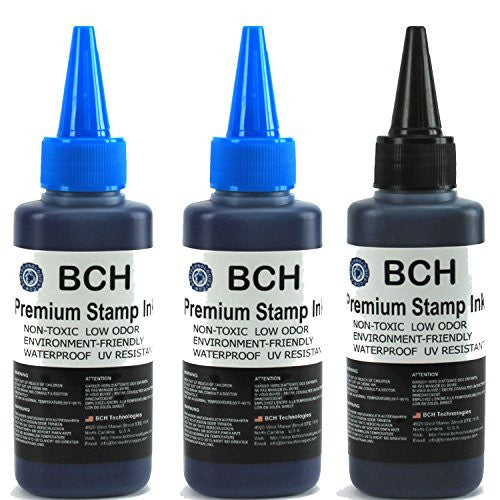 2X Blue + 1X Black Stamp Ink Refill by BCH - Premium Grade -2.5 oz (75 ml) Ink Per Bottle (7.5 oz / 225 ml Total)