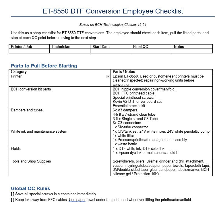 ET-8550 DTF Conversion Employee Checklist – Printable Shop Workflow for Epson ET-8550 Builds (Digital Download)