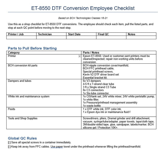 ET-8550 DTF Conversion Employee Checklist – Printable Shop Workflow for Epson ET-8550 Builds (Digital Download)