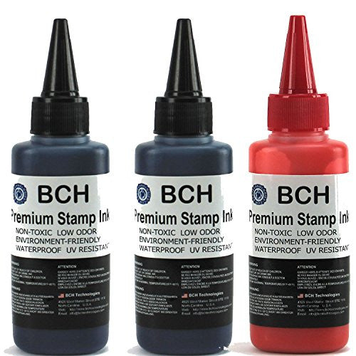 2X Black + 1X Red Stamp Ink Refill by BCH - Premium Grade -2.5 oz (75 ml) Ink Per Bottle (7.5 oz / 225 ml Total)