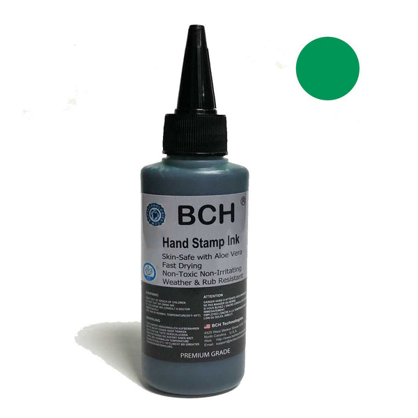 Green Color Re-Entry Stamp Ink by BCH for Event Admittance - Skin-Safe with Aloe Vera Extract - 3 oz Green