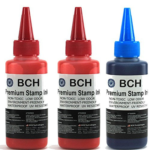 2X Red + 1X Blue Stamp Ink Refill by BCH - Premium Grade -2.5 oz (75 ml) Ink Per Bottle (7.5 oz / 225 ml Total)