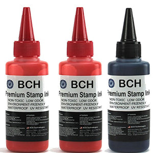 2X Red + 1X Black Stamp Ink Refill by BCH - Premium Grade -2.5 oz (75 ml) Ink Per Bottle (7.5 oz / 225 ml Total)